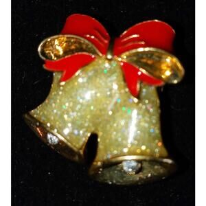 Avon Christmas Bells Gold Tone Red Ribbon Vintage Brooch